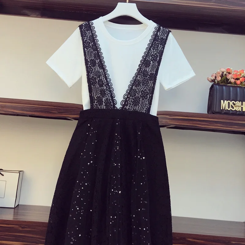 Женский блестящий комплект из 2 предметов белая футболка и юбка в Корейском стиле