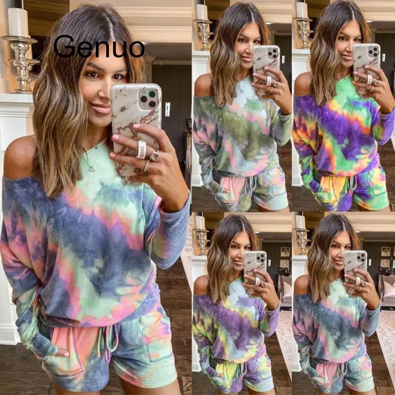 

Women Spring Casual Tie-dye Two Piece Outfits Tracksuit Long Sleeve Top And Shorts Suits Summer 2pcs Matching Sets Lounge Wear