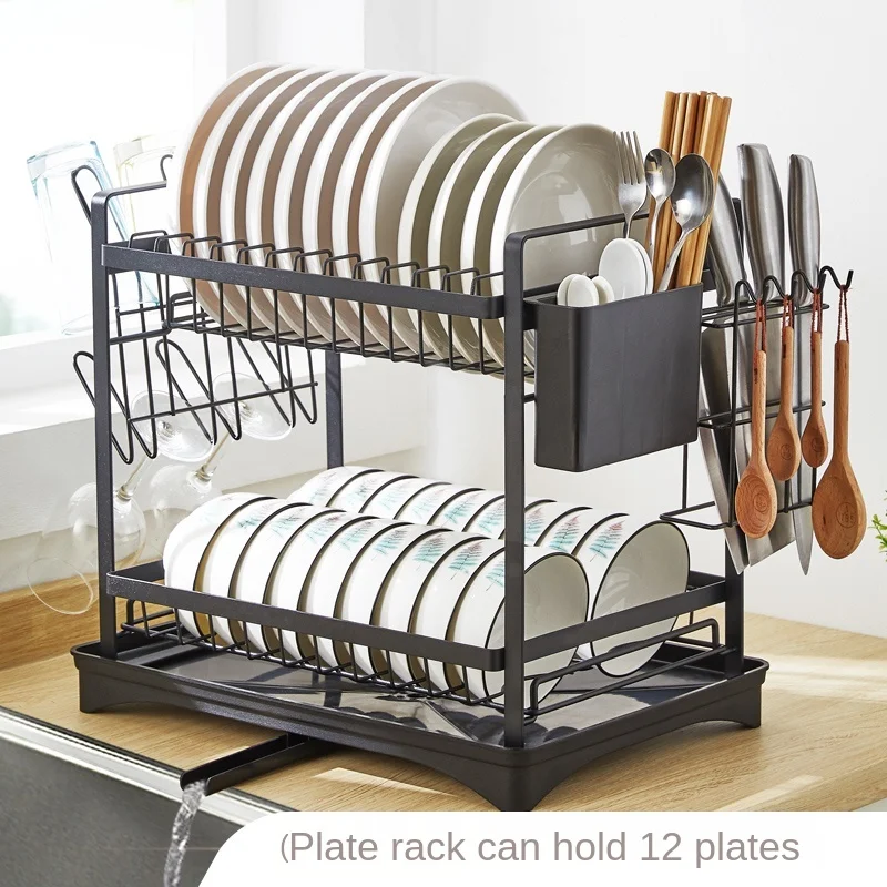

Multi-Functional Countertop Sink Bowl Rack Double Storage Water Pan Kitchen Shelf