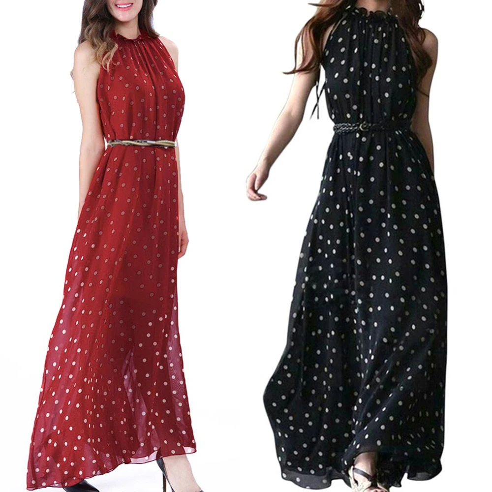 Шифоновое платье в горошек без рукавов Свободное длинное винного цвета один