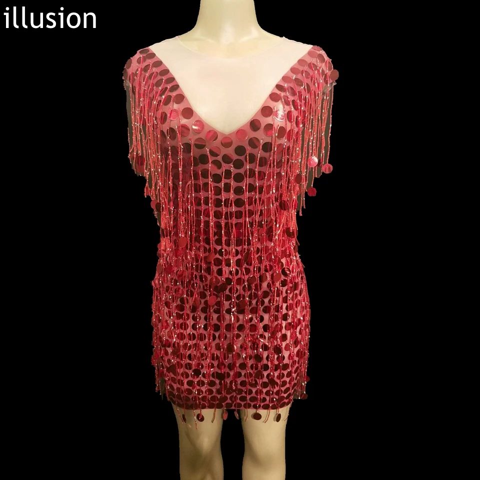 

New Mesh See Through Red Sequins Mini Dress Women Sexy Evening Party Dresses Birthday Celebrate Singer Performance Costume YOUDU