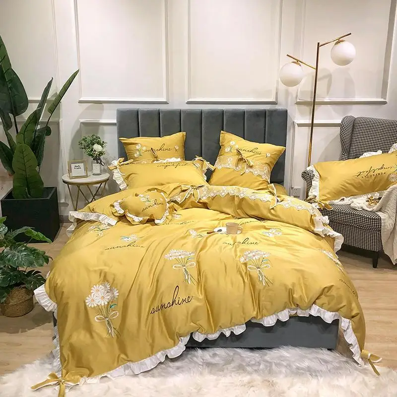 

100%Egyptian Cotton 4/6Pcs Ruffle Princerss Duvet Cover for Girls Yellow Pink Bed sheet Fitted sheet King Queen size Bedding ser