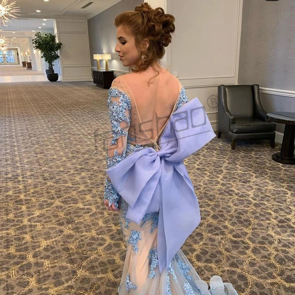 Женское вечернее платье с юбкой годе Fanshao синее круглым вырезом открытой спиной и