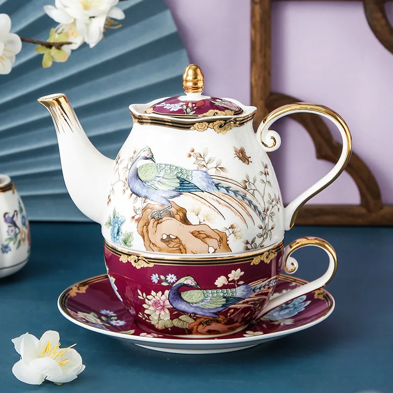 

Chinese British Style Ceramic Flower Teapot Single Pot Luxury Exquisite Bone China Pot Office Cup and Saucer Afternoon Tea Set