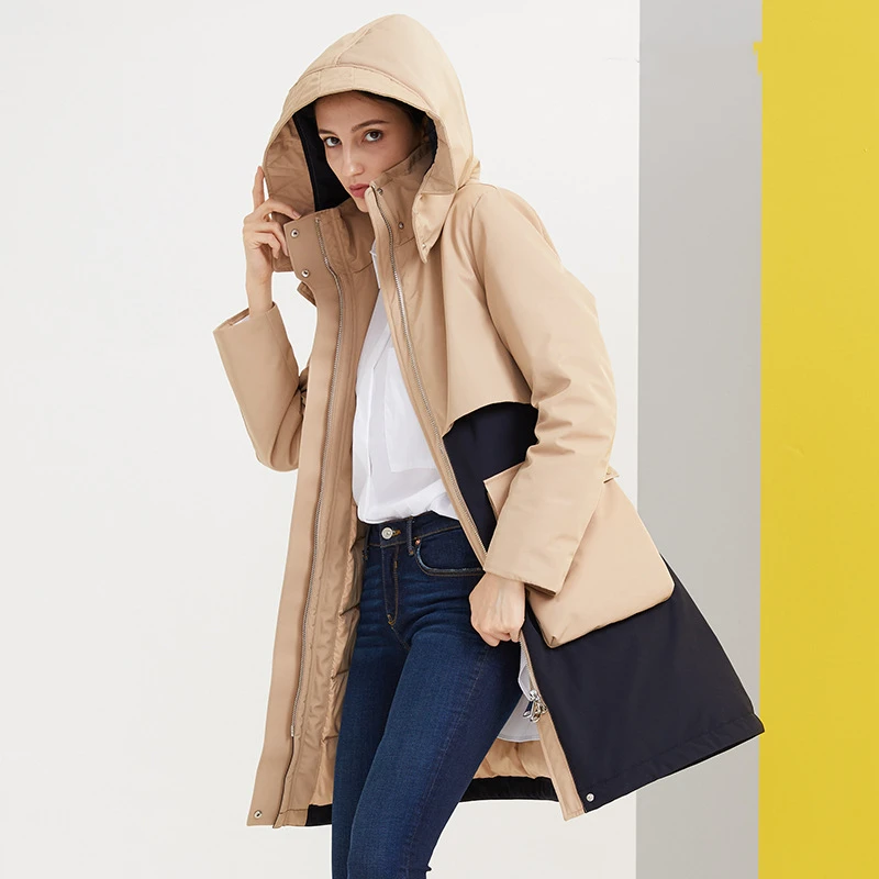 

2020 winter high quality down jacket long stand collar hooded detachable stitching OL style temperament women's jacket slim fit
