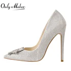 Женские туфли-лодочки Onlymaker без застежек с острым носком, серебристые блестки, геометрические кристаллы, неглубокие туфли на тонком высоком каблуке, элегантные свадебные туфли большого размера