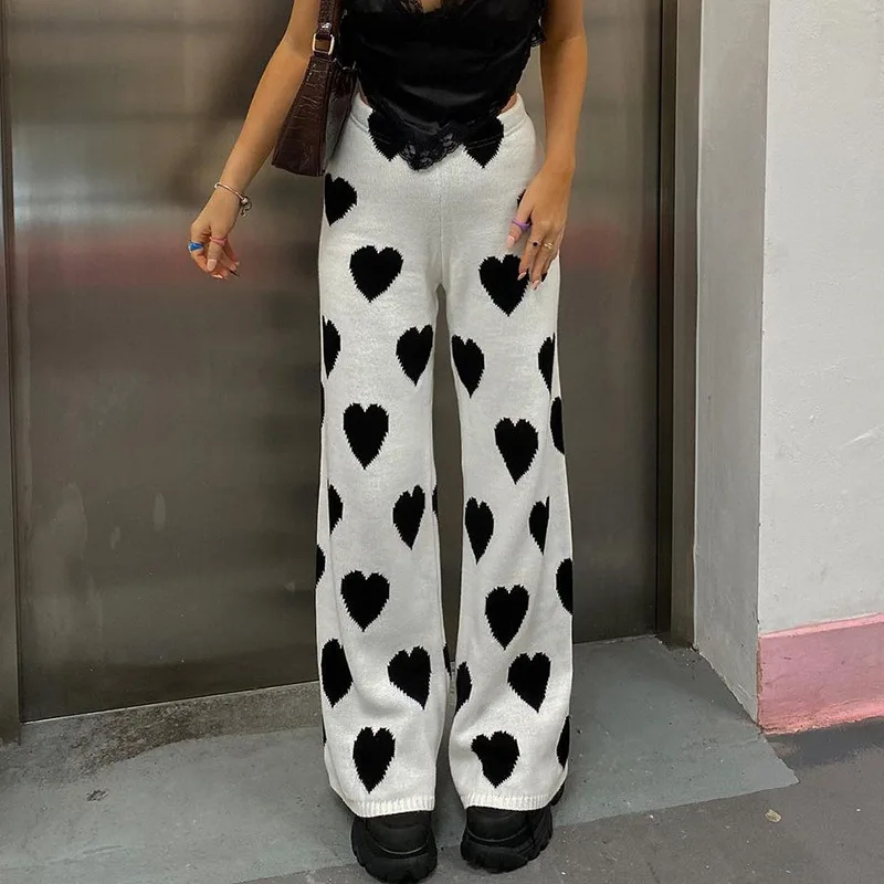 

Missnight Knitted Pants Wom Love Printed Black White Cute Y2k Pants High Waisted Elastic Loose Wide Leg Kawaii Streetwear 2021