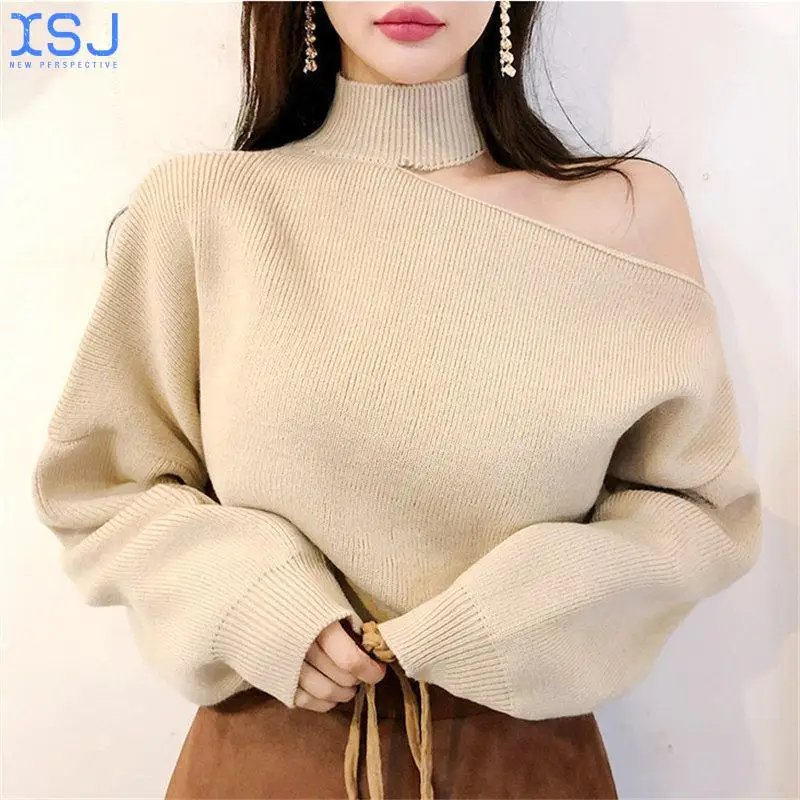 

Halter Bare Shoulders Knitted Office Ladies Winter Autumn Loose Irregular Casual Elegant High Street Sweaters Tops