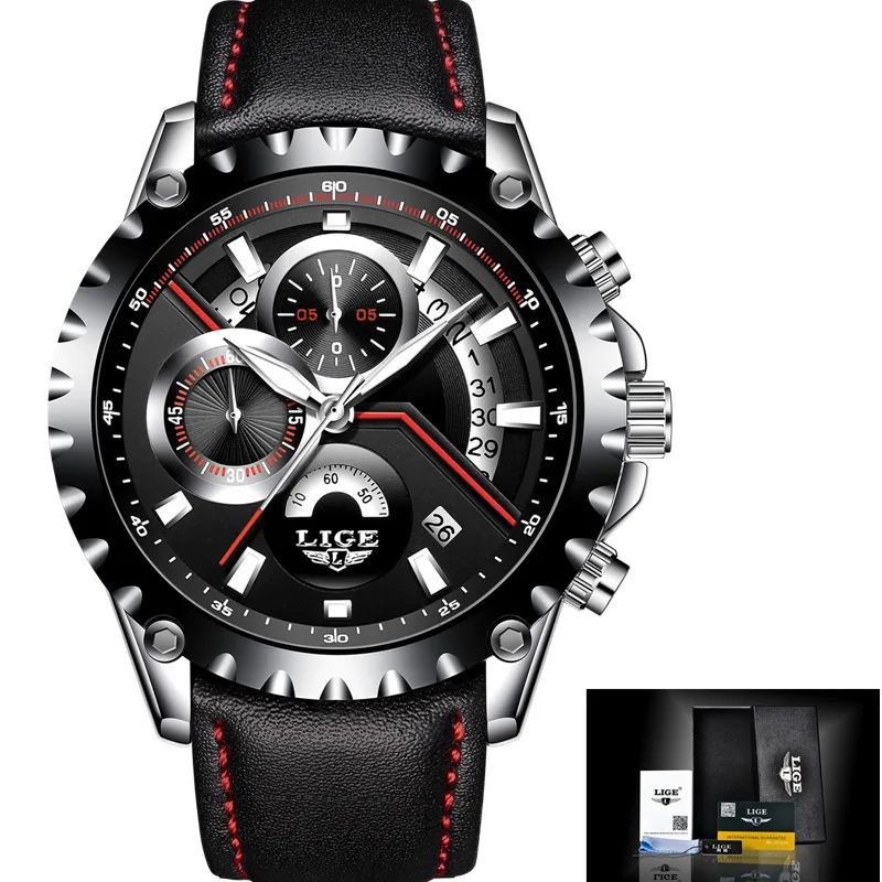 leather Silver black LIGE мужские наручные часы модные спортивные кварцевые часы мужские s лучший бренд класса люкс полный стальной Бизнес водонепроницаемые часы в стиле кэжуал Masculino - Цвет: leather Silver black