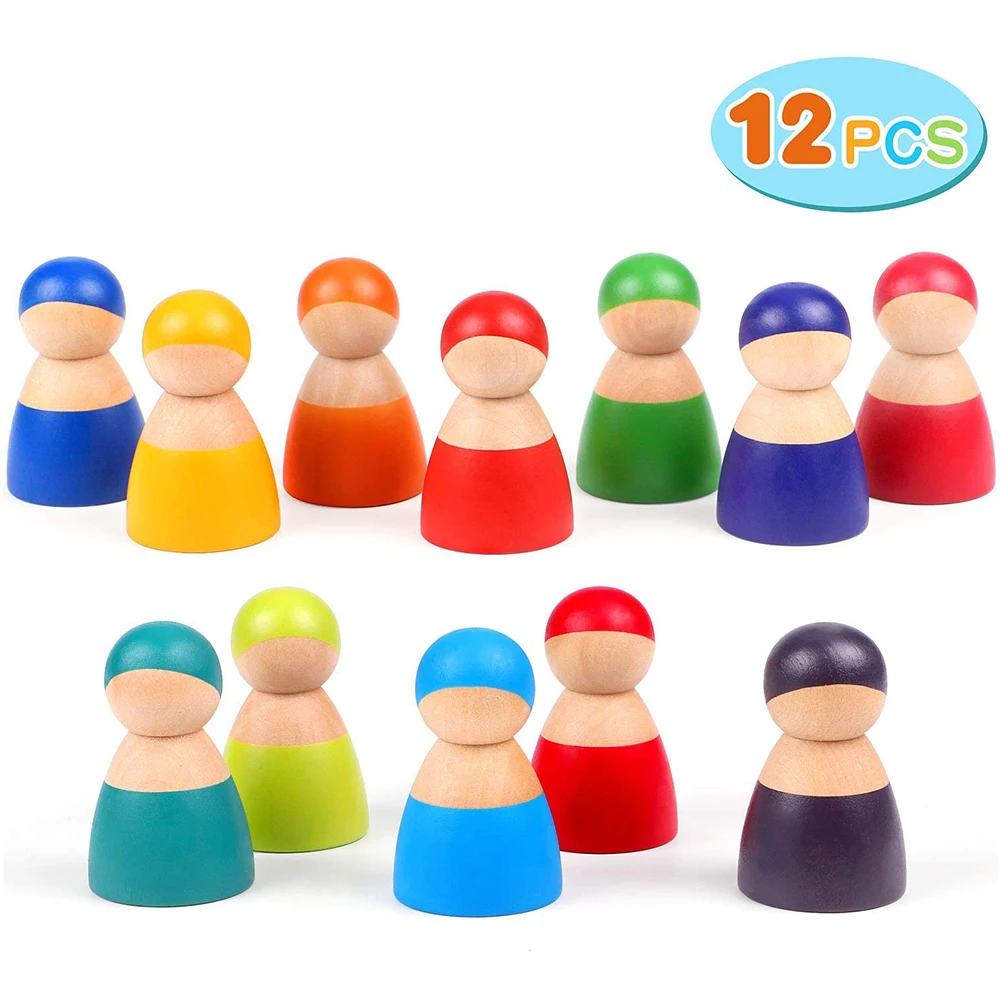 

12 pcs Wooden Rainbow Peg Dolls Little Wooden Figures People Dolls Decoration Toy Preschool Learning Educational Toys Kids Gift