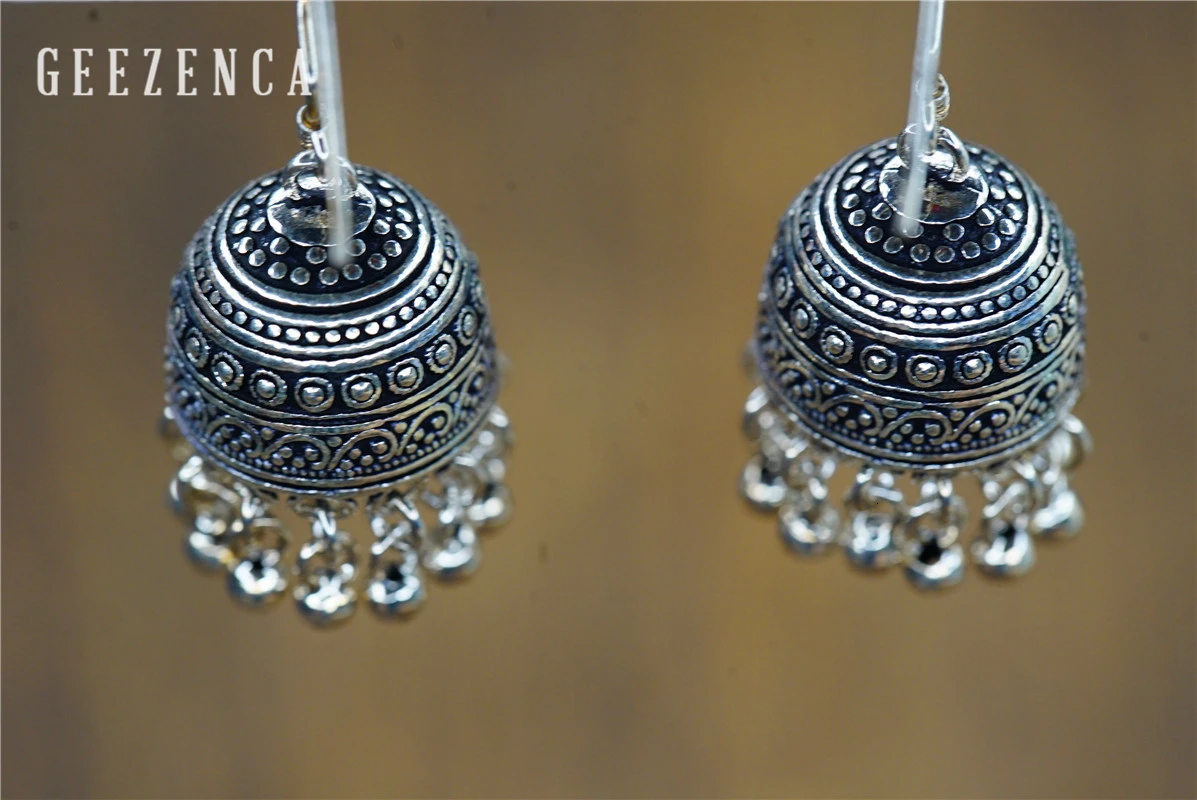 GEEZENCA 925 Sterling Silver Earrings for Women Indian Small Bells Beads Drop Earrings Ethnic Vintage Jewelry Party Gift