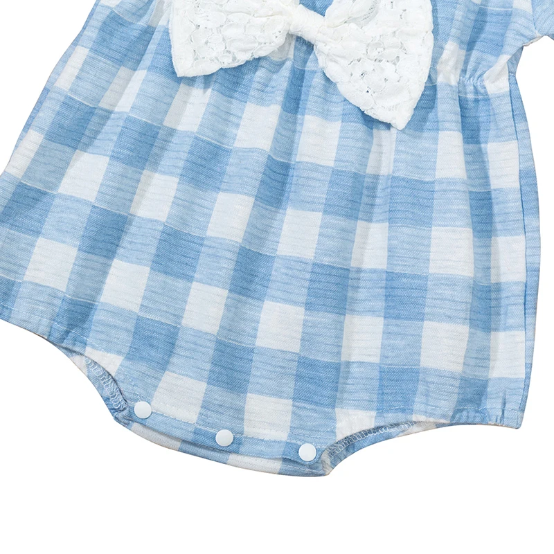 

Bobora Baby Girl Rompers Summer Princess Newborn Short-sleeved Romper For 3-18M Bowknot Lattice Cotton One-piece Romper Blue
