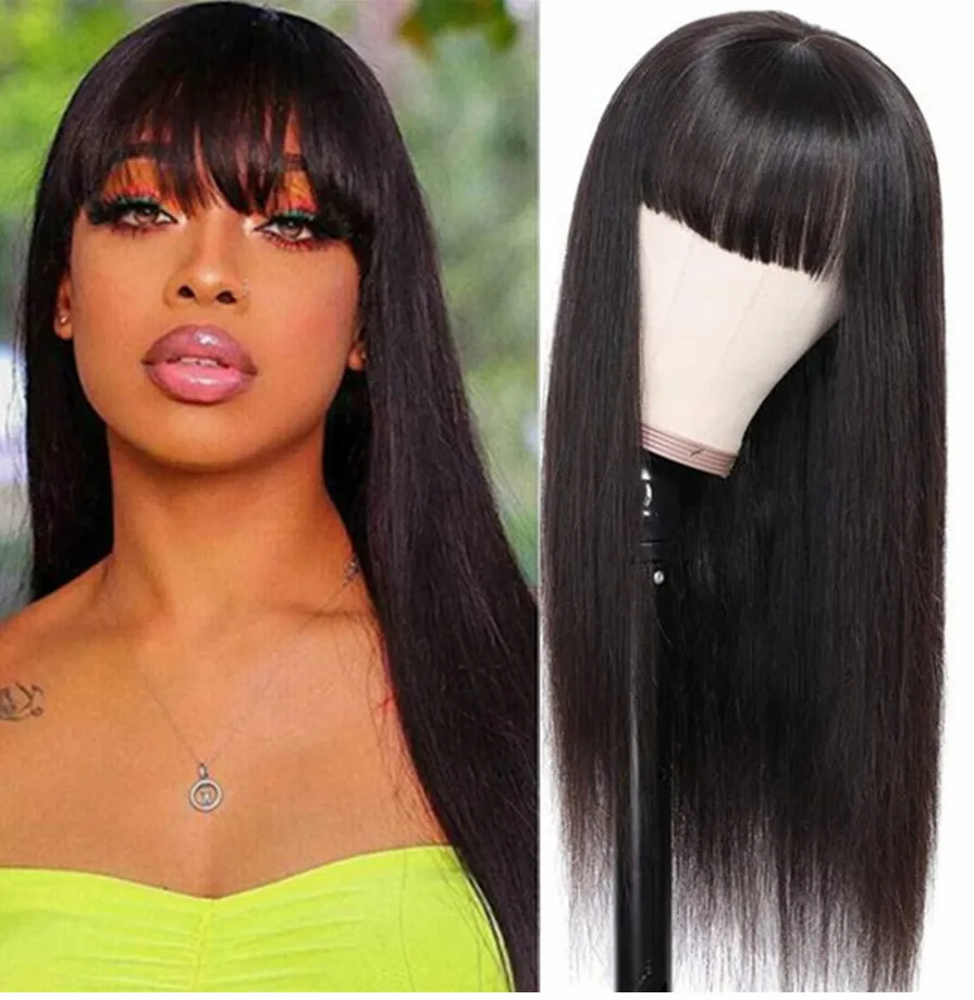 Парик Из прямых человеческих волос с челкой, 30 дюймов, парик челки, дешевый бразильский парик Remy из человеческих волос без клея, парик машинн...