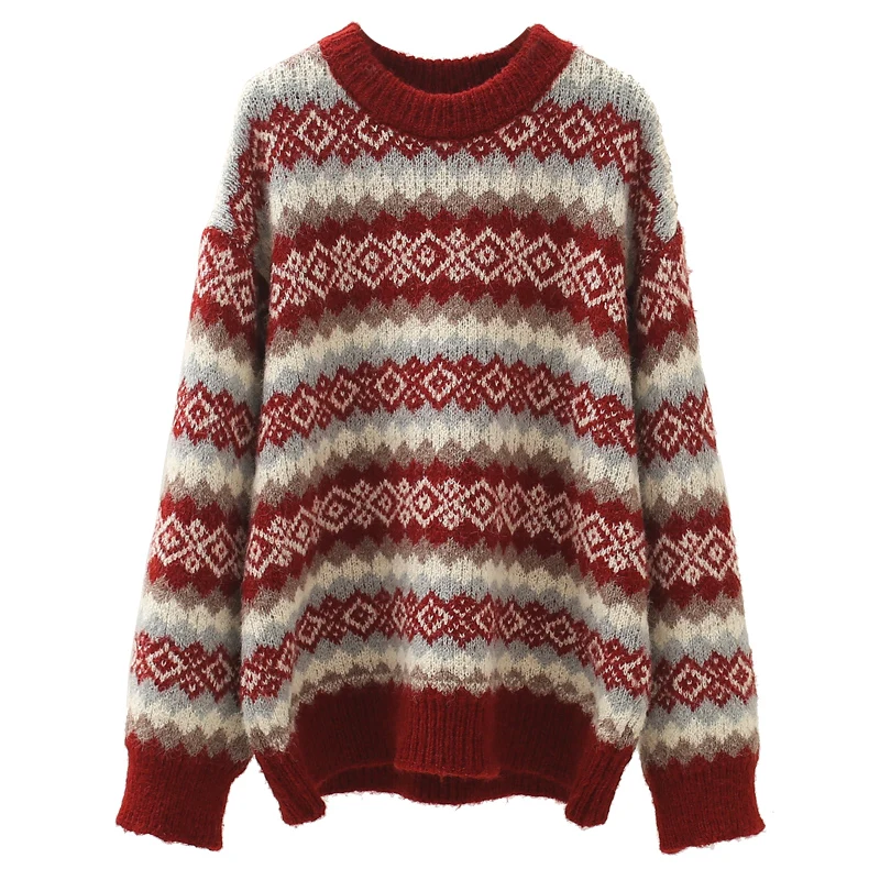 

Vintage Plaid Knitted Women Sweater Winter New O-Neck Long-Sleeved Loose Female Pulls Outwear Tops