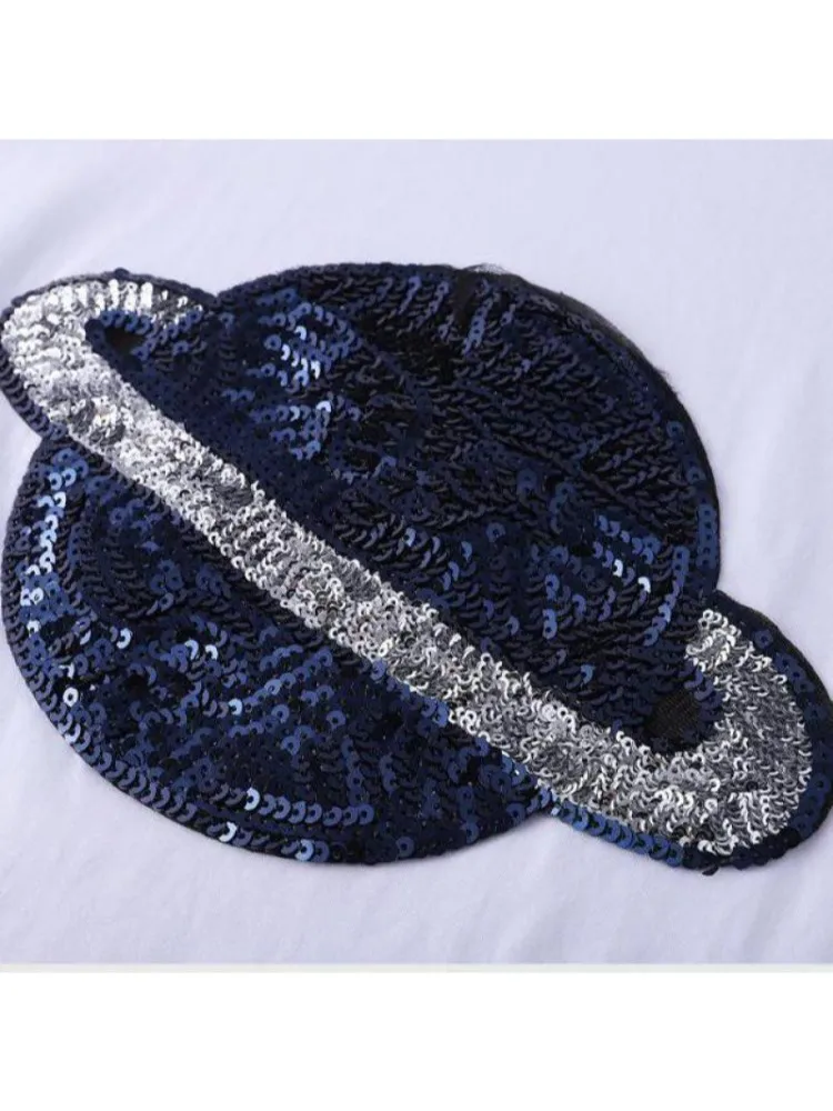 Женская летняя футболка с коротким рукавом и блестками белая Повседневная