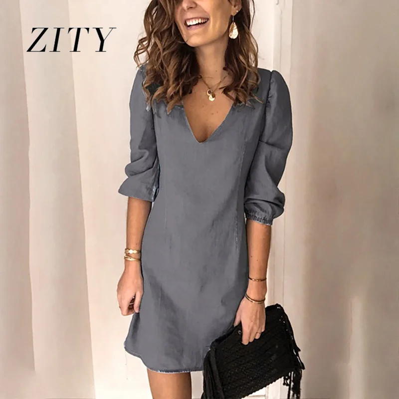 

2021 Women's Denim Mini Dress Fashion V-neck Tendon Short Sleeve Casual Party Loose Retro Dress Large Size