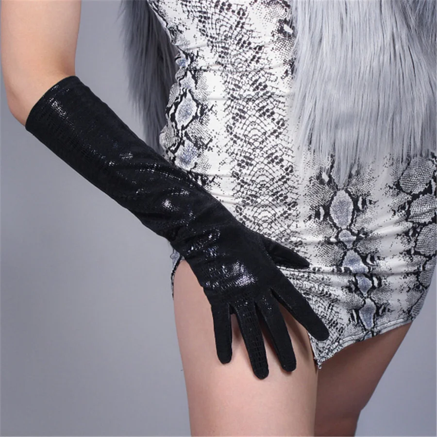 Женские перчатки из натуральной кожи 44 см с текстурой ящерицы яркие черные