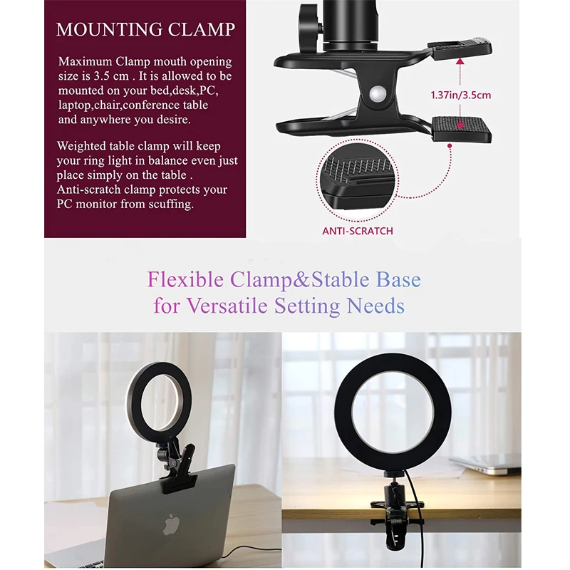 Selfie Ring Light Clip with Clamp Mount Desk Makeup Video 360 Degrees Rotatable Ring Lamp Dimmable Color Live Steam Webcam Light
