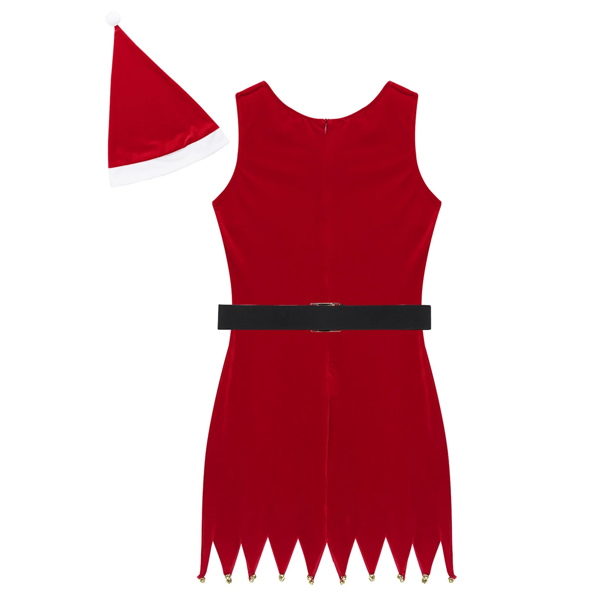 Women Mrs Santa Costume Christmas Fancy Dress Office Party Outfit Round Neck Sleeveless Jingle Bell Mini with Hat and Belt | Тематическая