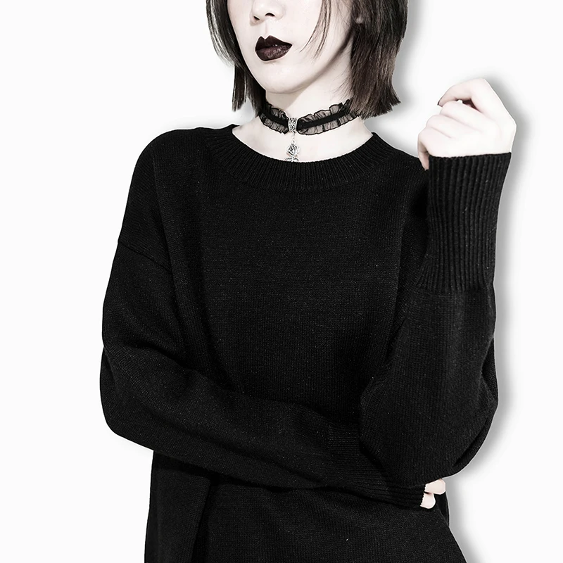

Fashion Punk Womens Black Sweater Solid Color Loose Casual Comfortable Pullover Tops Spring Winter