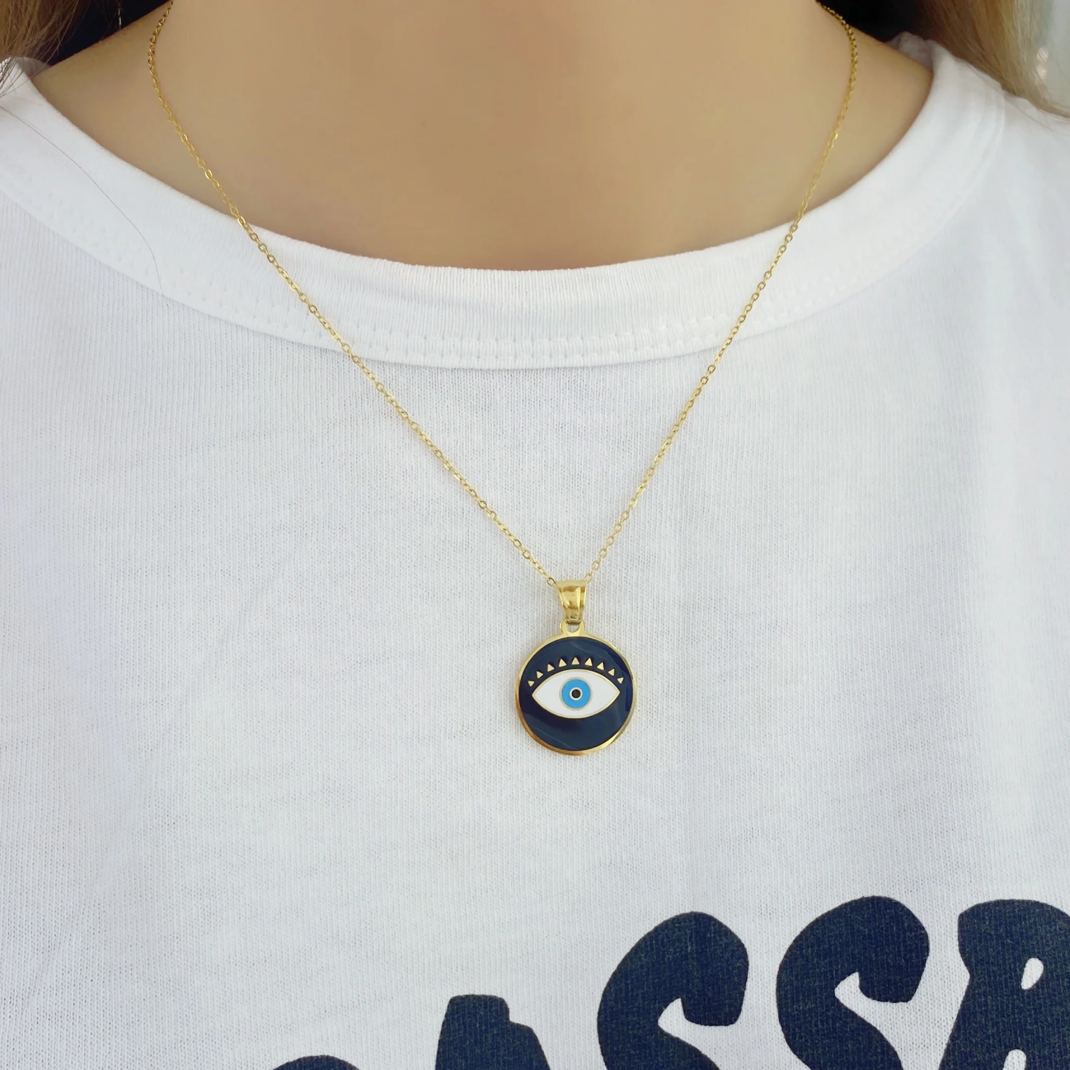 

New Design Bohemian Enamel Evil Eye Round Pendant Necklaces For Women Gold Chain Vintage Charm Sweater Necklace Accessories.