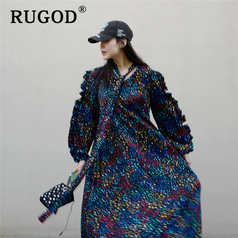 Женское платье с принтом RUGOD свободное макси длинным рукавом и шарфом новинка 2020 |