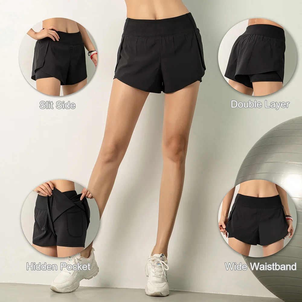 

Women Running Shorts 2in1 with Pocket Elastic Waist Tight Yoga Short Leggings Fitness Workout Athletic Gym Home Sportswear Hot