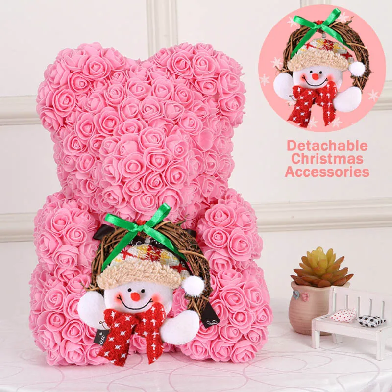 Pink 40cm Christmas Gift 40cm Red Bear Rose Artificial Soap Roses Teddi Bear Eternal Flower Valentine Garland Gift Girl Friend Snowman - Цвет: Pink 40cm