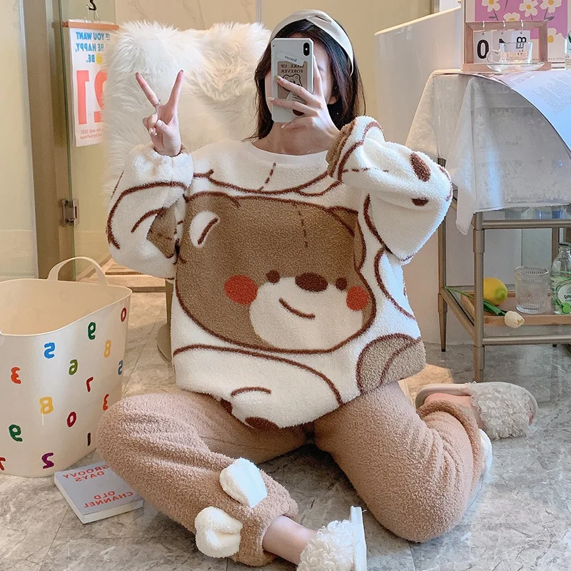 Sweet Pajamas Set Women Pyjama Bear Printed Thicken Warm Korean Home Service Suit Round Neck Women Sleeping Dress Schlafanzug