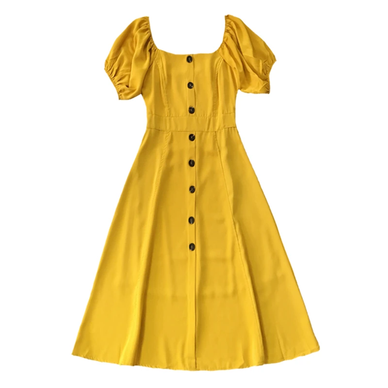 Платье миди с квадратным вырезом пуговицами спереди и пышными рукавами|Женские