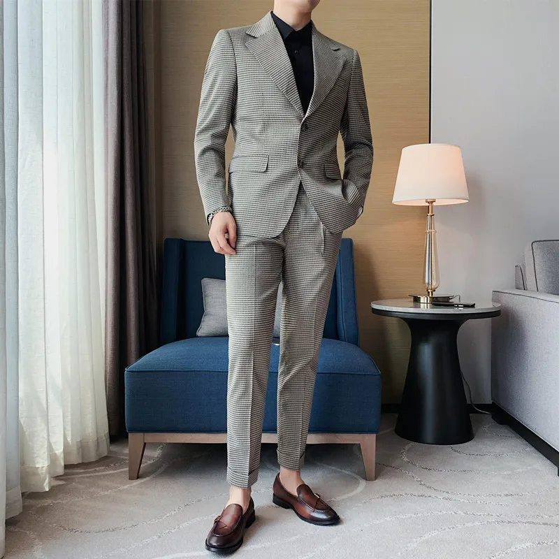 

2021 осенние свадебные костюмы для мужчин, деловые официальные повседневные Костюмы с рисунком «гусиная лапка», костюмы из 2 предметов для оф...