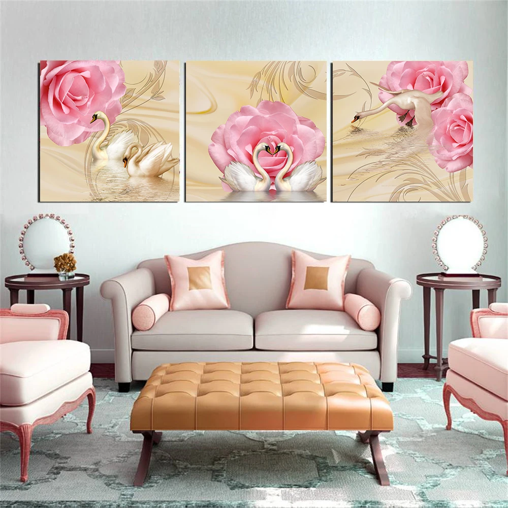

3 Panels HD Prints Modern Canvas Painting Rose Swan Paddle Modular Pictures Wall Art Poster Nordic Living Room Home Decor Framed
