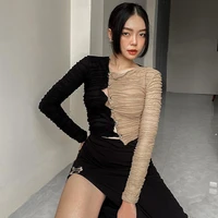 sexy girls 2021 new color contrast texture fabric cardigan double ply pleated single breasted blouse women harajuku y2k shirts