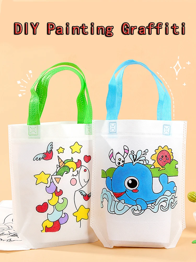 Handbag Diy Environmental Protection Graffiti Bag Non-Woven Material Package Children Art Painting Creative Handmade 12 Pcs/Lot