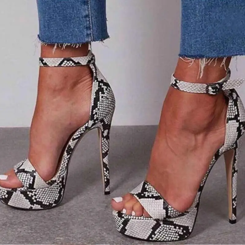

women sandals PU Buckle Strap 14cm Thin Heels High heels Round Toe waterproof Serpentine Shallow sandal women shoes size 35-42