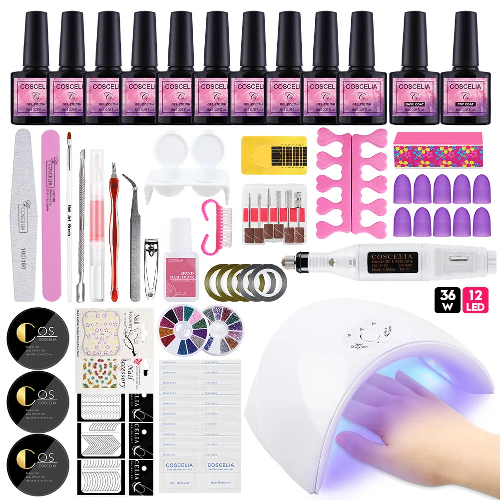 36W full set 80 Вт/48 Вт/36 Вт УФ светодиодная лампа маникюрный набор кисточки для маникюра Набор гель-лаков для ногтей все для маникюра Набор для УФ-гель для дизайна ногтей набор для ногтей - Цвет: 36W full set