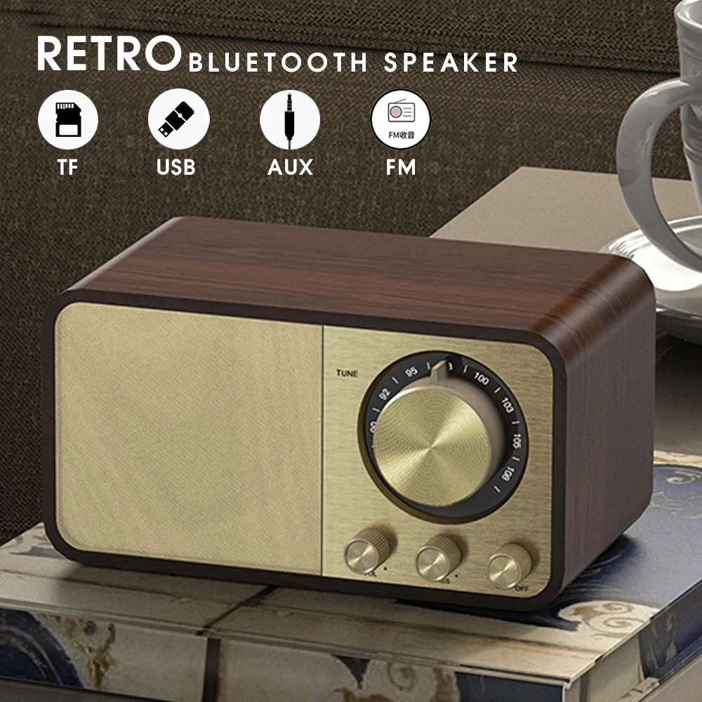 Wooden Bluetooth Speaker Retro Classic Soundbox HIFI Stereo Surround Super Bass Subwoofer AUX FM Radio Sound System for Computer |