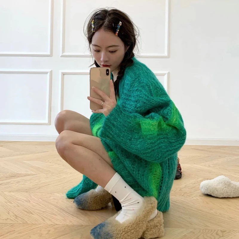 Повседневный свободный зеленый женский свитер XIZIHUPAN прямой кардиган с V-образным