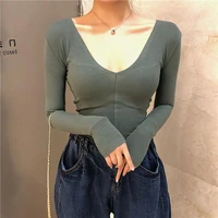 yoga shirt v neck sexy long sleeved sports dance t shirt women korean solid breathable outer wear thin fitness bottoming shirt