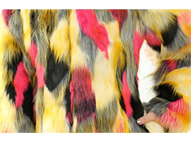 

Color Stitching Mid-length Fleece Jacket Thick Warm Faux Fur Coat Woman Winter Femme Outerwear O-Neck Covered Button Pockets