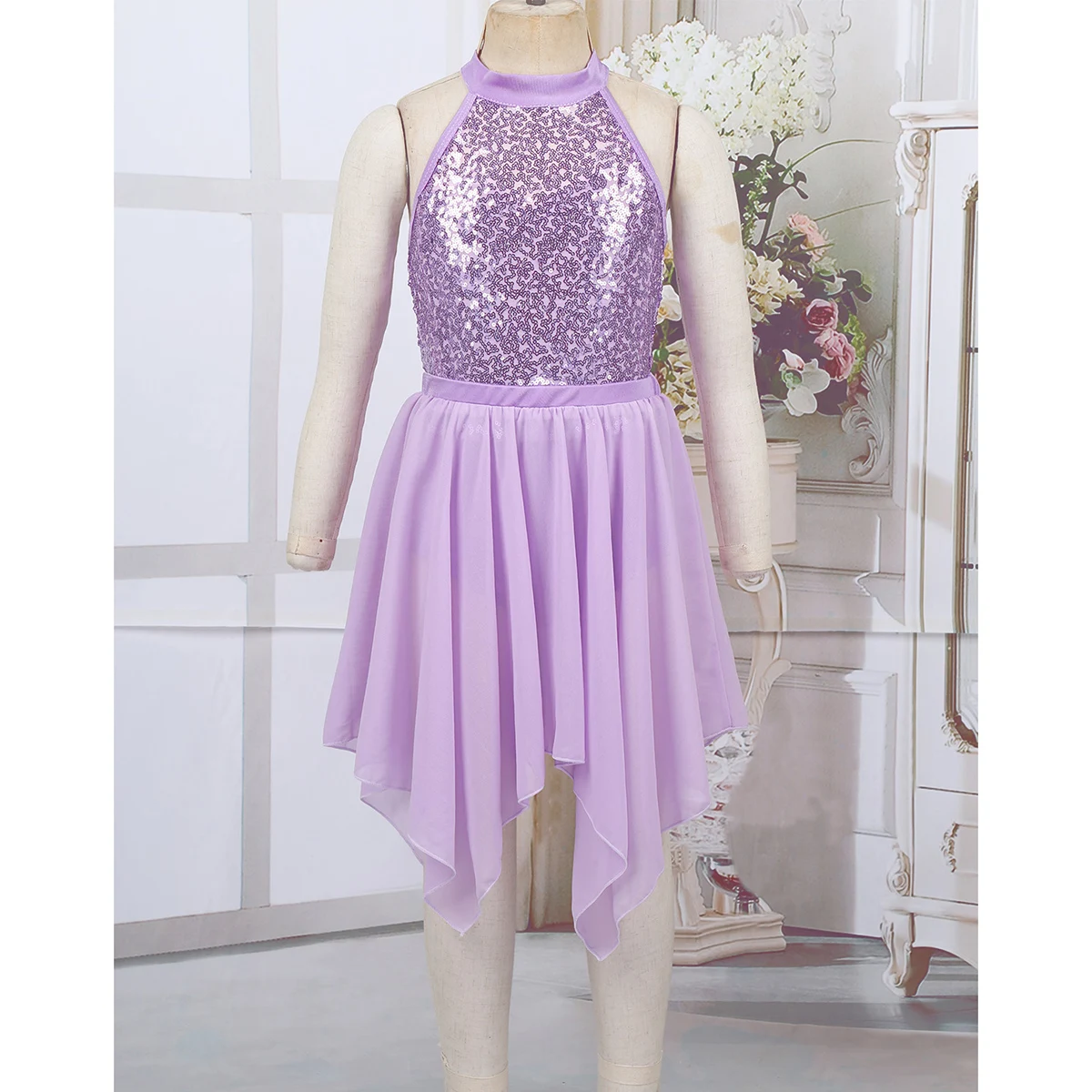 Женское балетное платье с лямкой на шее и блестками лирическое гимнастическое