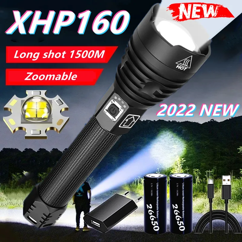 

Drop Shipping Super Bright Rechargeable XHP160 LED Flashlight 18650 USB Powerful Tactical Flashlight Torch Light Hunting Lantern