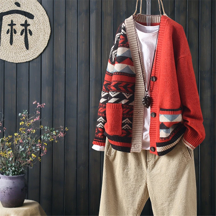 

2020 autumn and winter matching large pockets long sleeve buttoned outer knit cardigan women loose literary V-neck sweater