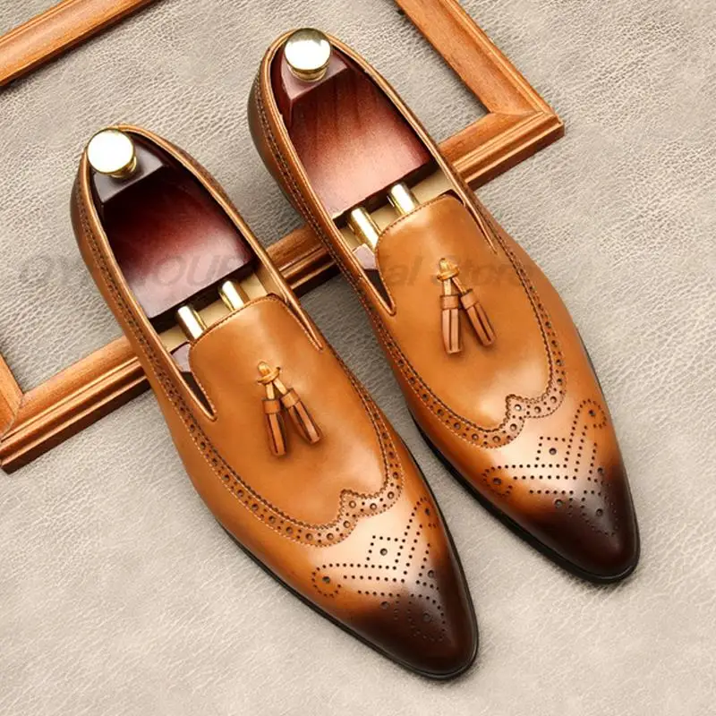 Мужские туфли оксфорды из натуральной кожи с кисточками и острым носком - купить