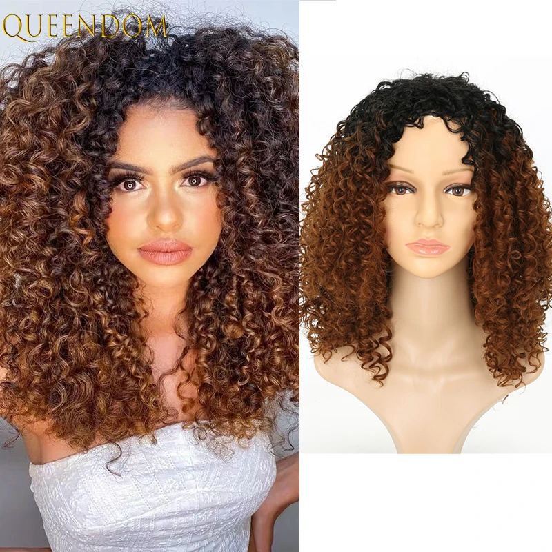 18&quotafro Kinky Curly Women's Wigs Omber Brown Deep Wig African American Natural Synthetic Jerry Cosplay Perruque | Шиньоны и