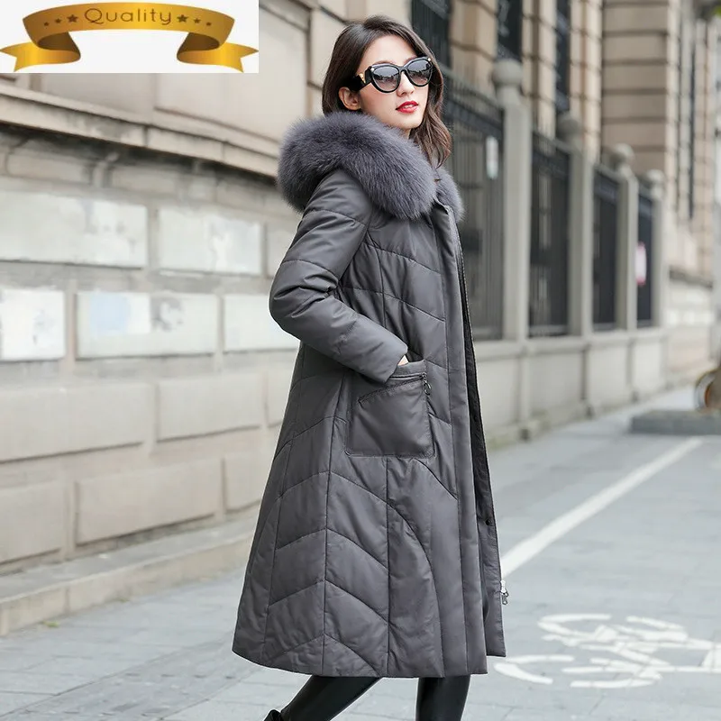 

2021 зимние кожаные натуральная кожаная куртка женская длинная дубленка из лисьего меха с капюшоном, пуховое пальто с капюшоном женских кожа...
