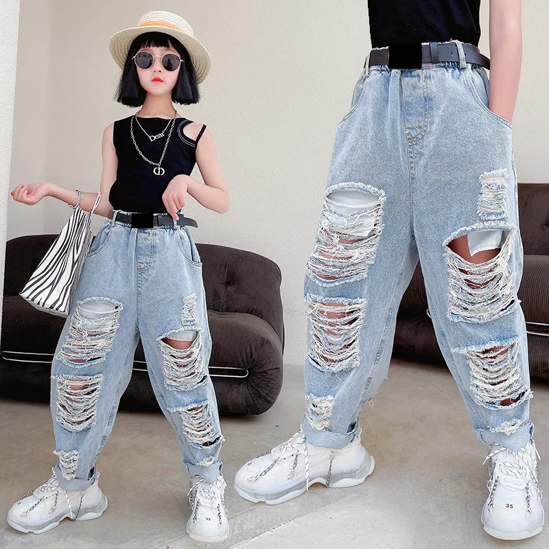 

Korean Blue Jeans Pants Baby Girls Toddler Kids Clothes Denim Bottoms Harem Trousers Ripped Holes Distressed Capris 4 To 16 Yrs