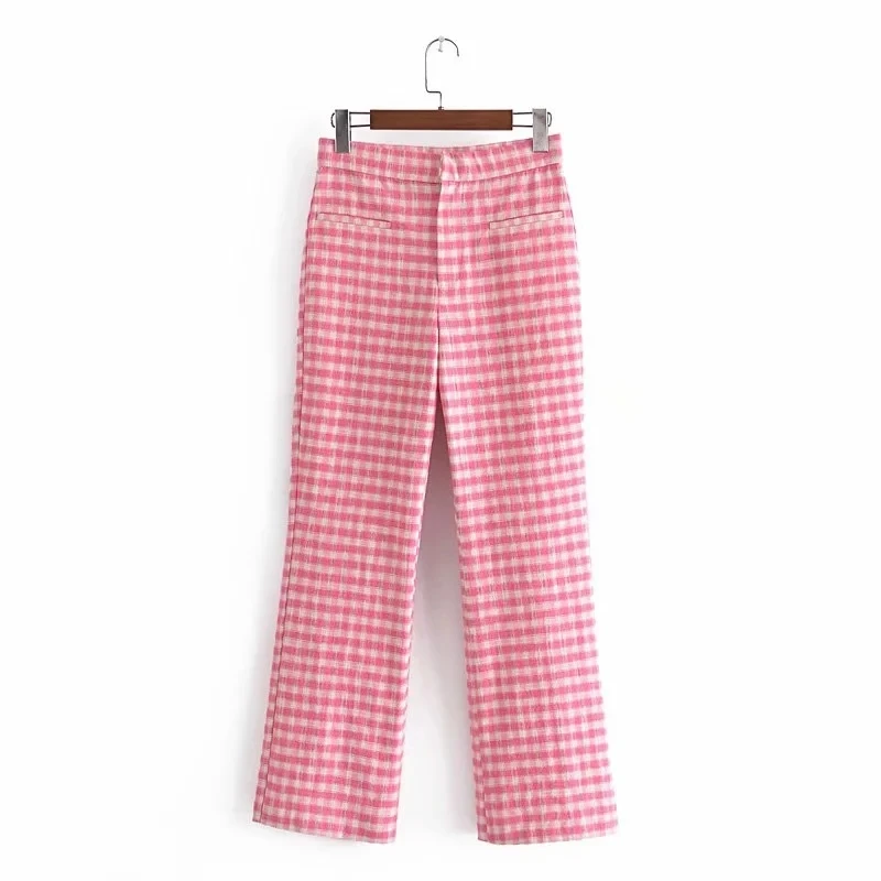 

t Pants Female Spring 2021 Fashion Flared Pant Woman False Pocket Check Casual Trousers Women Pants Pink Plaid High Wais