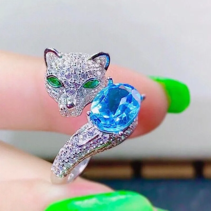 

Кольцо с натуральным голубым топазом, однотонное женское серебряное кольцо, Ноябрьский камень, драгоценный камень, голова леопарда, лисы, с...