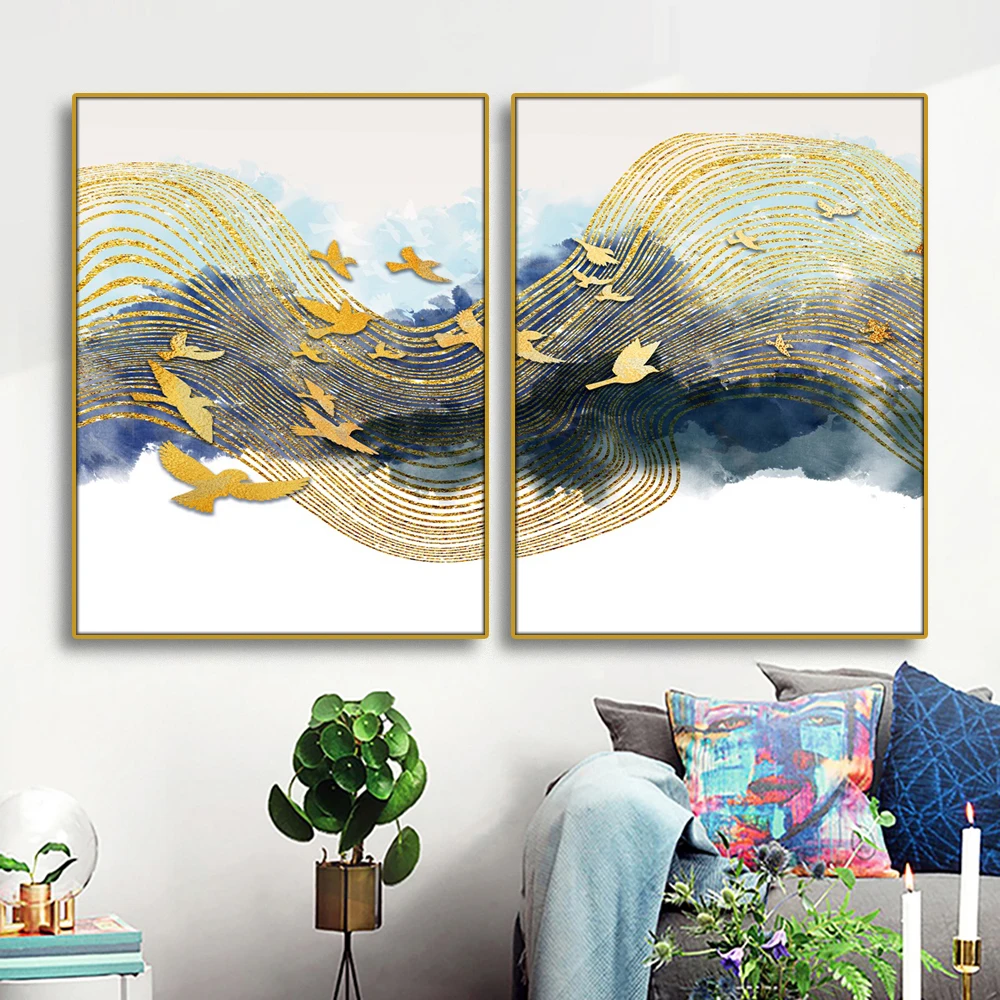 Золотистая Синяя абстрактная Настенная картина фотокартина для гостиной